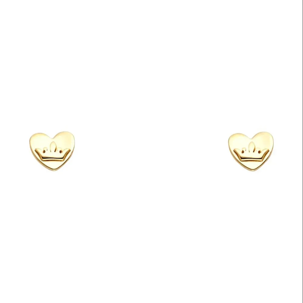 14KT Gold Heart and Crown Screw Back Stud Earrings 6mm
